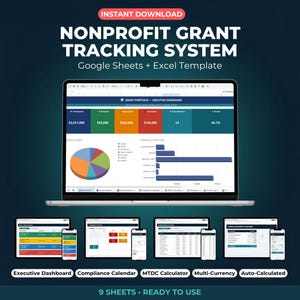 Op de afbeelding: Een laptop met een dashboard van een non-profit subsidietrackingsysteem, met grafieken en datavisualisaties. De afbeelding toont ook verschillende mobiele apparaten en tablets met verschillende weergaven van het systeem. De tekst bevat "NONPROFIT GRANT TRACKING SYSTEM".