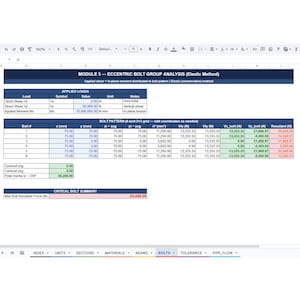 Puede incluir: Una hoja de c&aacute;lculo digital titulada Module 5 - Eccentric Bolt Group Analysis (Elastic Method) que muestra c&aacute;lculos de ingenier&iacute;a para cargas aplicadas, una cuadr&iacute;cula de 6 pernos y un resumen de pernos cr&iacute;ticos con datos num&eacute;ricos.