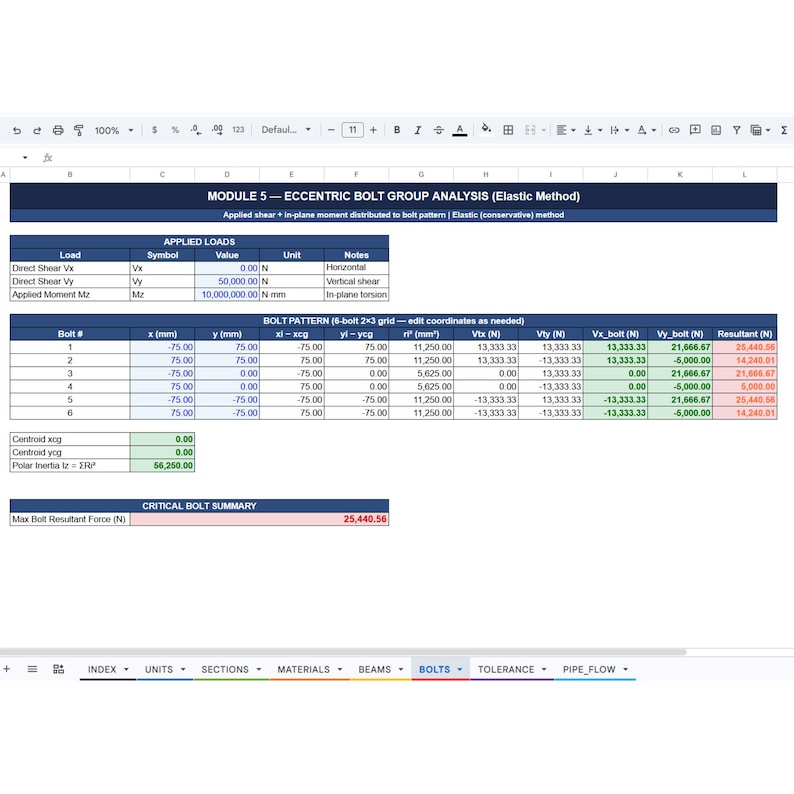 Puede incluir: Una hoja de c&aacute;lculo digital titulada Module 5 - Eccentric Bolt Group Analysis (Elastic Method) que muestra c&aacute;lculos de ingenier&iacute;a para cargas aplicadas, una cuadr&iacute;cula de 6 pernos y un resumen de pernos cr&iacute;ticos con datos num&eacute;ricos.