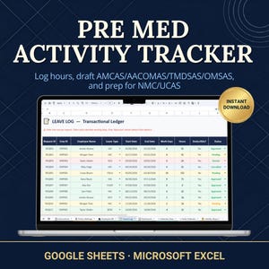 May include: A digital Pre Med Activity Tracker spreadsheet displayed on a laptop screen. The interface shows a Leave Log transactional ledger with columns for Request ID, Employee Name, Leave Type, dates, hours, and status. Includes a gold badge.