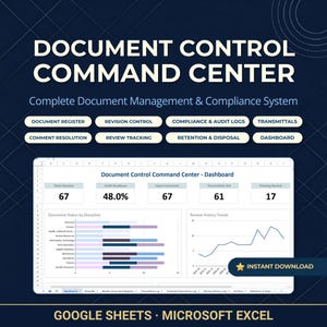 May include: A digital document control command center dashboard for Google Sheets and Microsoft Excel. The interface displays metrics like total overdue, audit readiness, open comments, transmittals, and pending review, alongside bar and line charts.