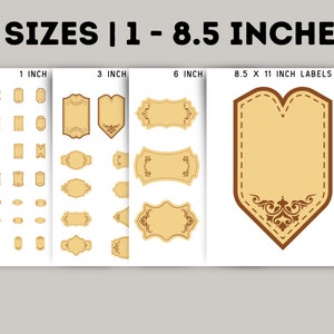K&ouml;nnte beinhalten: Vier druckbare Etikettenvorlagen in verschiedenen Gr&ouml;&szlig;en: 1 Zoll, 3 Zoll, 6 Zoll und 8,5 x 11 Zoll. Die Etiketten haben ein Vintage-Design mit einer braunen Umrandung und einem beigefarbenen Hintergrund.