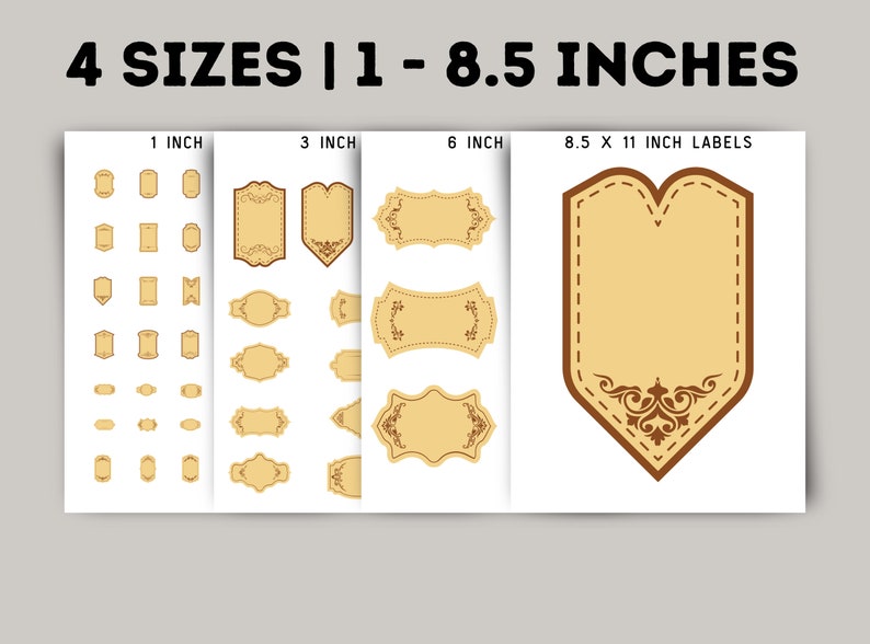 K&ouml;nnte beinhalten: Vier druckbare Etikettenvorlagen in verschiedenen Gr&ouml;&szlig;en: 1 Zoll, 3 Zoll, 6 Zoll und 8,5 x 11 Zoll. Die Etiketten haben ein Vintage-Design mit einer braunen Umrandung und einem beigefarbenen Hintergrund.