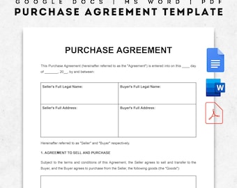 Modelo de contrato de compraventa simple / Formulario imprimible de compra de bienes inmuebles / Contrato editable para bienes comerciales / Documento de Google / Word / PDF
