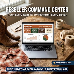 May include: A laptop displaying a Reseller Command Center dashboard with revenue and profit data, alongside brown leather boots, a plaid shirt, a coffee mug labeled Coffee & Resell, shipping label rolls, and a measuring tape on a wooden surface.