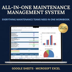 May include: A laptop screen displaying an all-in-one maintenance management system workbook with data tables, a bar chart, and a pie chart. The text reads ALL-IN-ONE MAINTENANCE MANAGEMENT SYSTEM, EVERYTHING MAINTENANCE TEAMS NEED IN ONE WORKBOOK, and INSTANT DOWNLOAD.