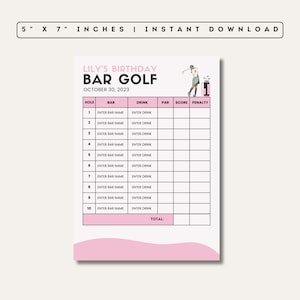 Bar Golf Crawl Scorecard Editable Canva Templates Printable Bar Golf Bachelor Birthday Party Games Customizable Pink Template image 2