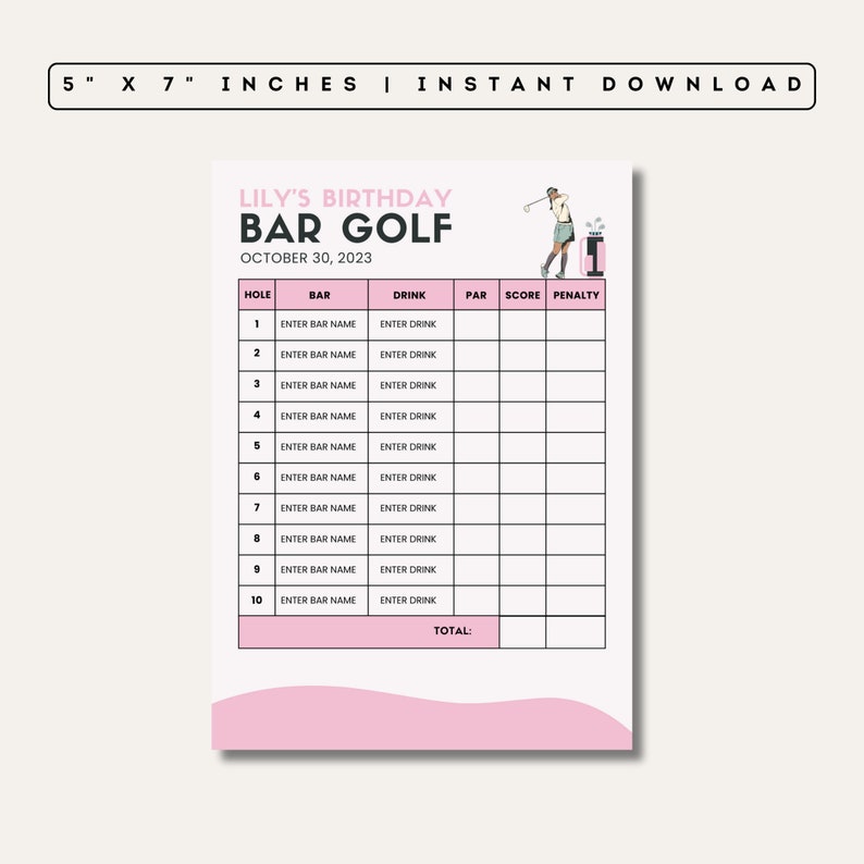 Bar Golf Crawl Scorecard Editable Canva Templates Printable Bar Golf Bachelor Birthday Party Games Customizable Pink Template image 2