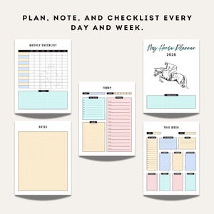 Preview of daily and weekly equestrian planner pages including a weekly checklist, daily schedule template, notes page, and weekly planning layout.