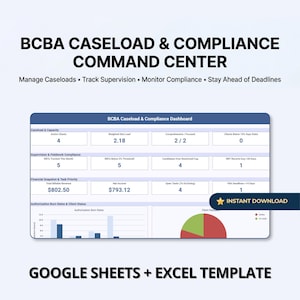 Peut inclure: Un modèle numérique BCBA Caseload & Compliance Command Center pour Google Sheets et Excel. Le tableau de bord affiche des mesures pour la capacité de charge de travail, la conformité de supervision, les finances et les taux d'autorisation.