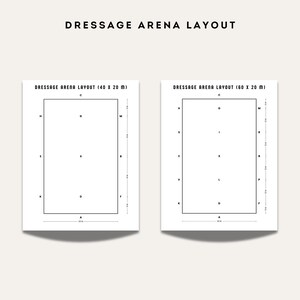 Two dressage arena layout diagrams showing 40×20 meter and 60×20 meter arena markers with labeled positions.