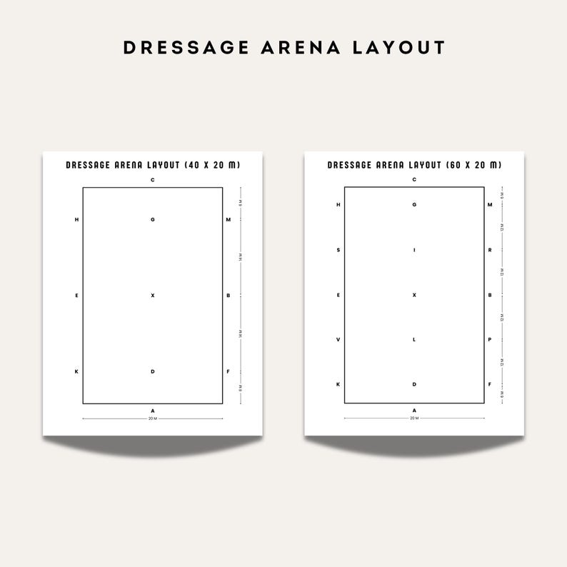 Two dressage arena layout diagrams showing 40×20 meter and 60×20 meter arena markers with labeled positions.