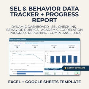 Puede incluir: Una plantilla digital de seguimiento de datos de SEL y comportamiento e informe de progreso para Excel y Google Sheets. El panel muestra registros de estudiantes, trayectorias de puntuación de estado de ánimo y matrices de correlación académica.