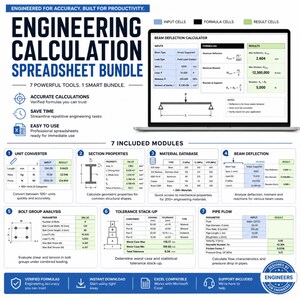 Puede incluir: Un paquete de hojas de c&aacute;lculo de ingenier&iacute;a con siete m&oacute;dulos que incluyen conversor de unidades, propiedades de secci&oacute;n, base de datos de materiales, deflexi&oacute;n de vigas, an&aacute;lisis de pernos, tolerancias y flujo de tuber&iacute;as.