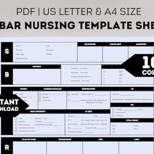 SBAR-sjabloonblad verpleegkunde, afdrukbare Sbar-formaatsjabloon, verpleegkundige rapportblad, ICU-verpleegkundige rapport, RN Nursing School Sbar, verpleegkundige hersenblad