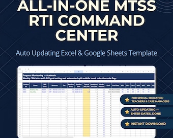 MTSS RTI Tracker-spreadsheet, voortgangsbewaking Excel en Google Spreadsheets, gedragsgegevenslogboek, interventietrouwtrackers, SPED-schoolgegevens