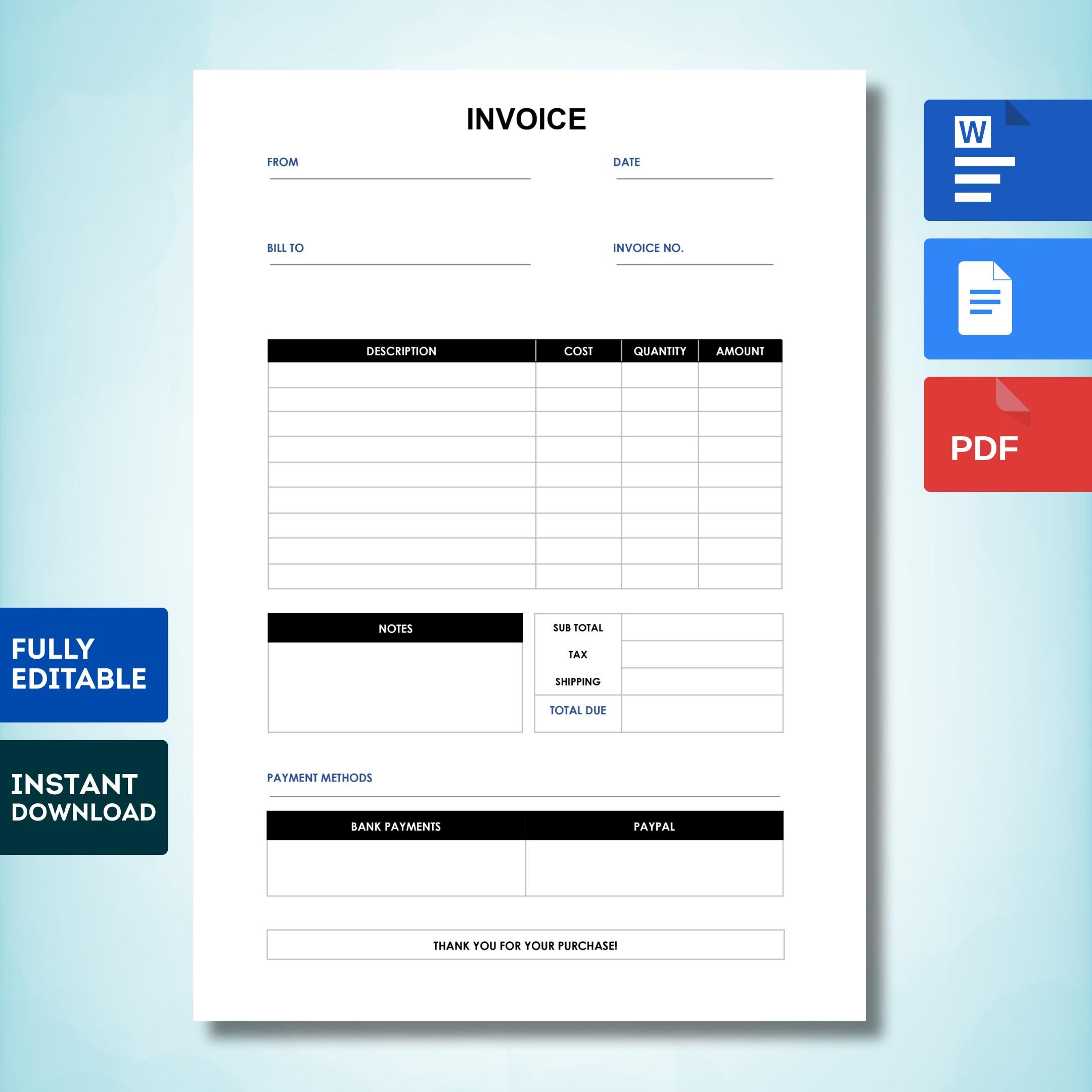 Editable Blank Invoice Template, Commercial Business Form (PDF, Word ...