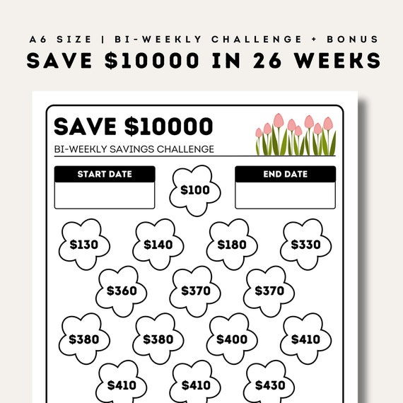 Save 10000 in 26 Weeks, PRINTABLE BIWEEKLY Savings Challenge, 10K Bi Weekly Savings Plan, 26 Week Goal, Fun Saving Tracker 2023, A6 Size PDF