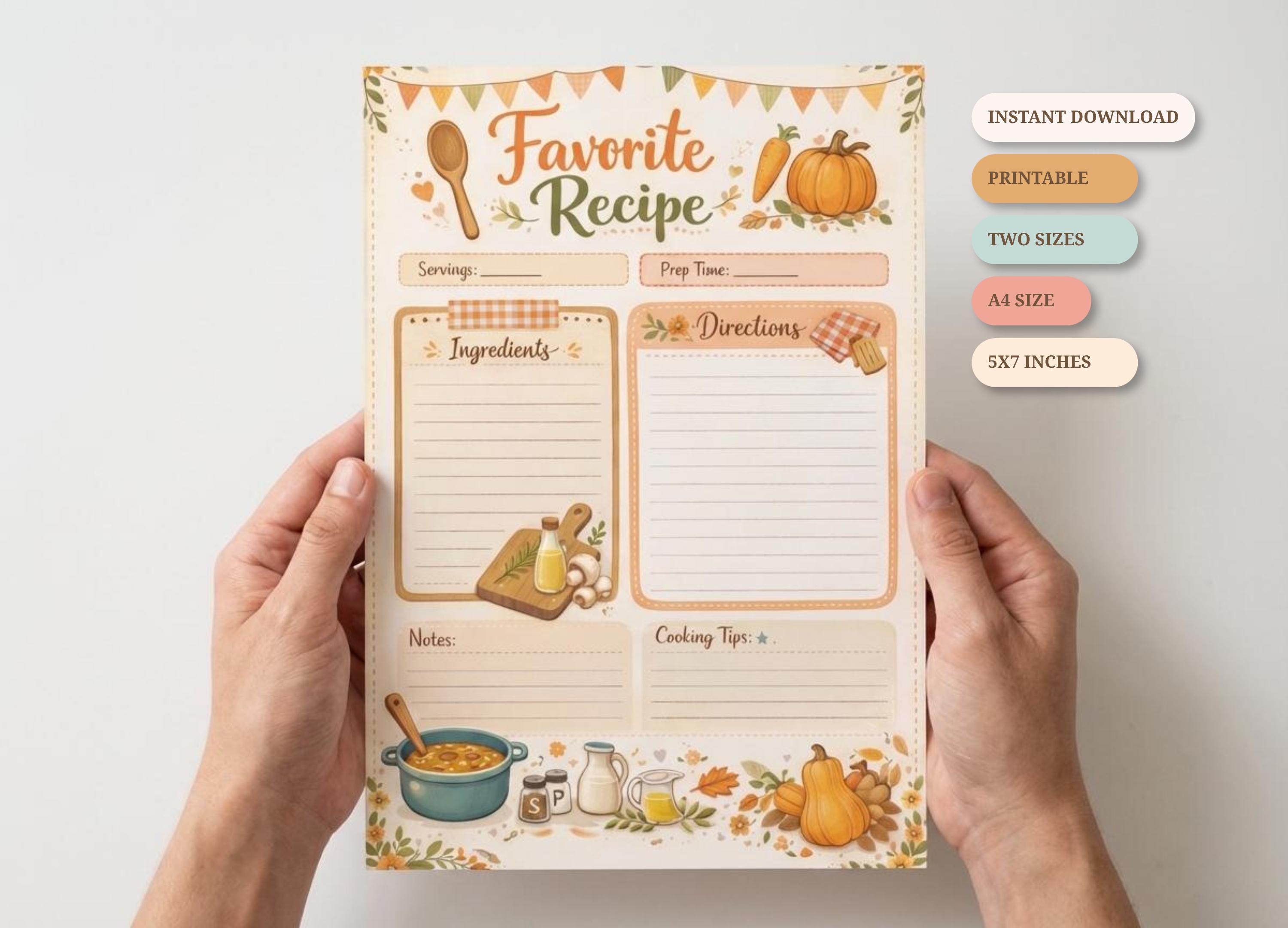 Printable Recipe Card Template, Autumn Fall Cookbook Planner Page, A4 ...