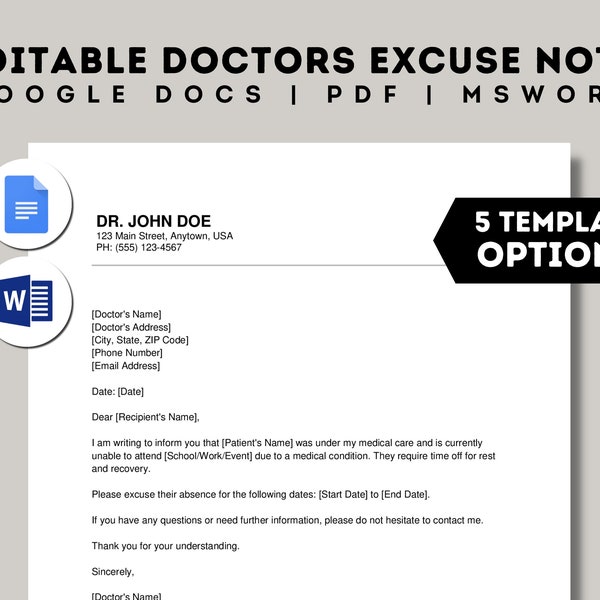 Editable Doctors Excuse Note Template, Printable Doctor's Excuse Work, Google Docs, Word, Fillable Drs Excuse Letter School, Medical Leave