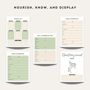 Equestrian journal pages for feeding lists, horse information forms, stall information cards, and cover page with horse sketch in green and beige design.