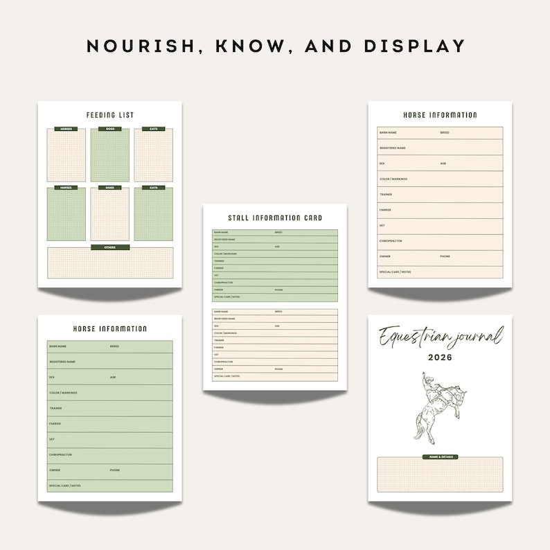 Equestrian journal pages for feeding lists, horse information forms, stall information cards, and cover page with horse sketch in green and beige design.
