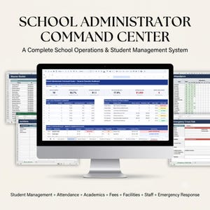 Puede incluir: Un panel de control digital School Administrator Command Center en un monitor de computadora, con hojas de cálculo para listas maestras, asistencia, incidentes y gestión de crisis para operaciones escolares y alumnos.
