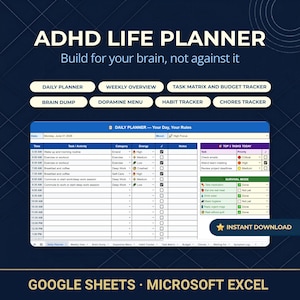 Könnte beinhalten: Eine digitale ADHD-Lebensplaner-Vorlage für Google Sheets und Microsoft Excel. Die Benutzeroberfläche umfasst einen Tagesplaner, eine Wochenübersicht, eine Aufgabenmatrix, ein Budget-Tool sowie Tracker für Gewohnheiten und Aufgaben.