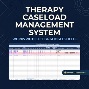 Pode incluir: Um sistema digital de gestão de casos de terapia compatível com Excel e Google Sheets. A interface exibe um rastreador de triagem de depressão PHQ-9 com colunas para ID do cliente, nome, data, pontuações e alertas de segurança.