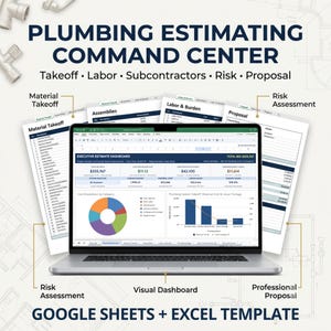 May include: A laptop displaying a Plumbing Estimating Command Center spreadsheet template. The screen shows an Executive Estimate Dashboard with charts, material takeoffs, labor, and proposal tabs. Text includes Takeoff, Labor, Subcontractors, Risk, Proposal, and Google Sheets + Excel Template.