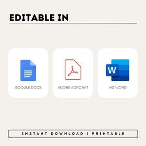 Puede incluir: Editable en Google Docs, Adobe Acrobat y MS Word. Descarga instant&aacute;nea e imprimible.