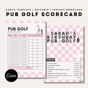 Cartão de pontuação do Pub Golf Crawl | Modelos editáveis do Canva | Pub Golf imprimível | Solteiro | Jogos de festa de aniversário | Cartões de pontuação personalizados para despedida de solteira