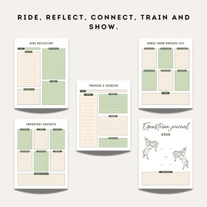 Collection of equestrian journal pages featuring ride reflection, training and exercise tracker, horse show packing list, important contacts sheet, and cover page with horse illustration.