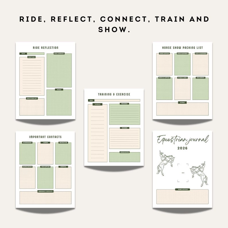 Collection of equestrian journal pages featuring ride reflection, training and exercise tracker, horse show packing list, important contacts sheet, and cover page with horse illustration.
