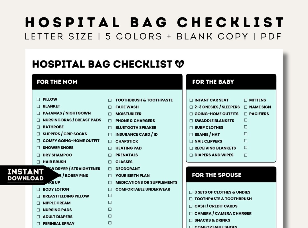 Simple Hospital Bag Checklist, Printable Hospital Bag Checklists for