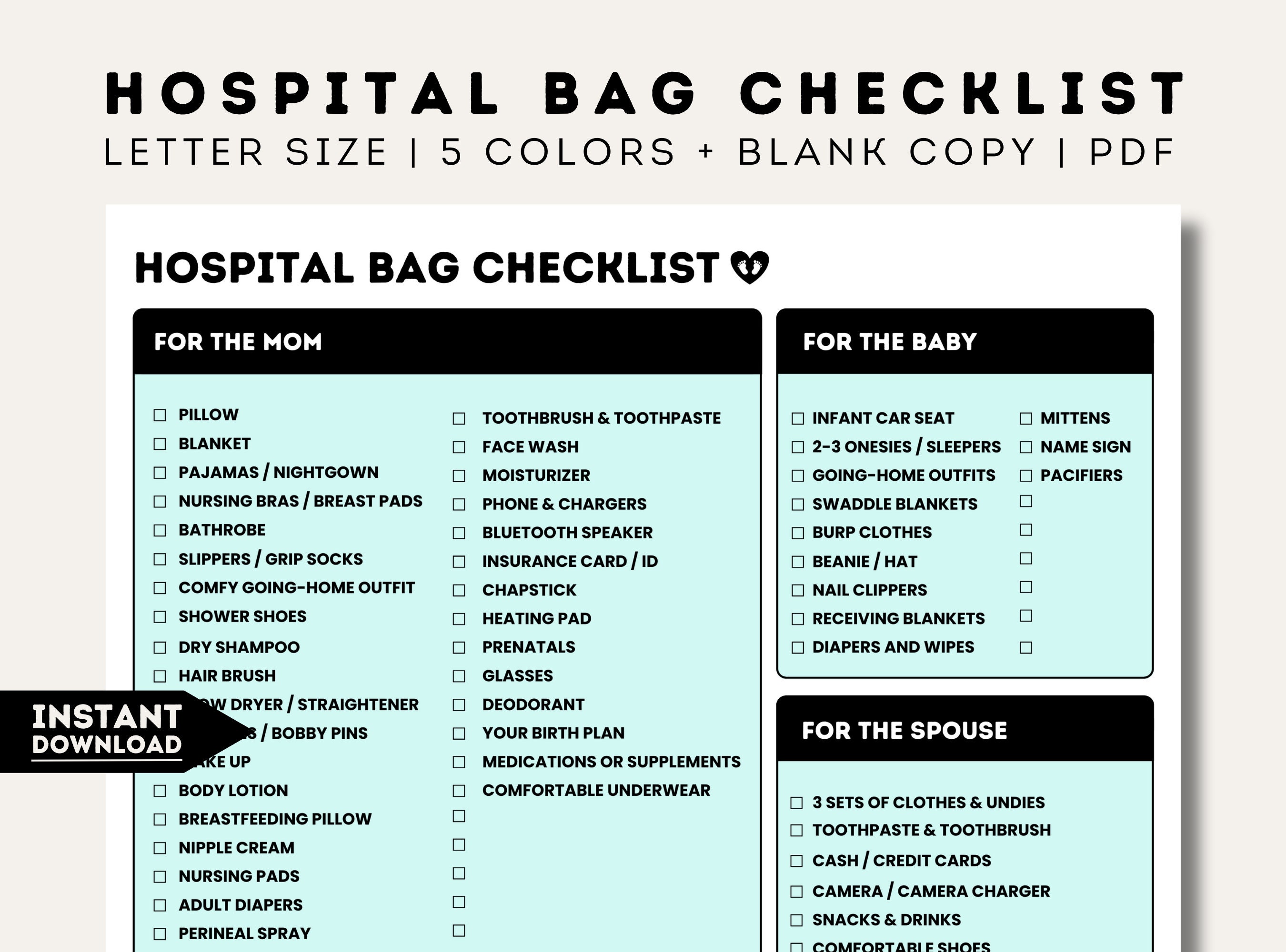 Simple Hospital Bag Checklist, Printable Hospital Bag Checklists for ...