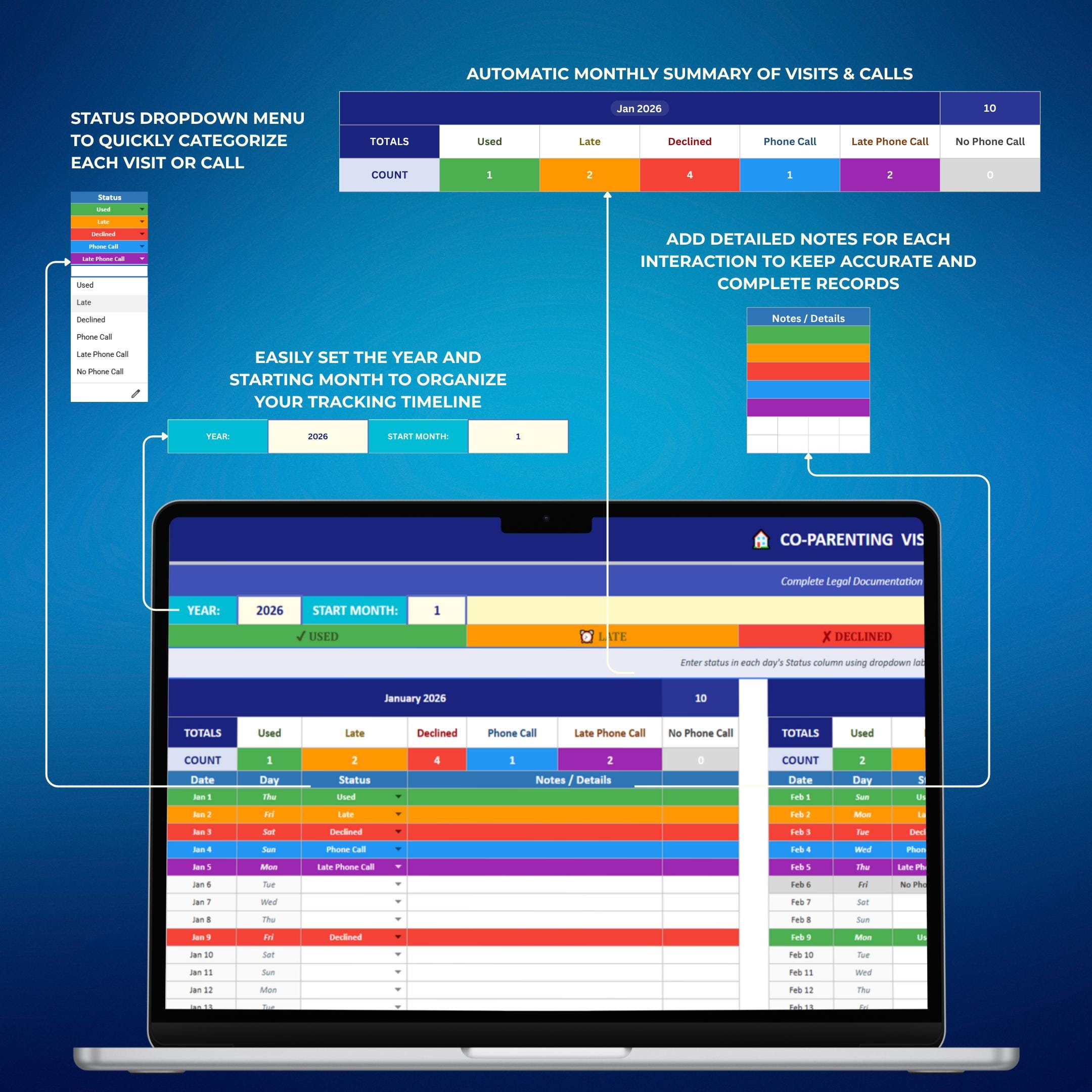 Visit Tracker Reseptionist Co Parenting Visitation Tracker Spreadsheet | Custody Visit Log Excel ...