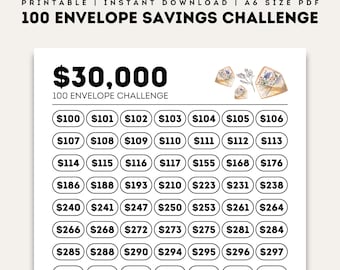 100 Envelope 30K Savings Challenge, Printable A6 USD 30000