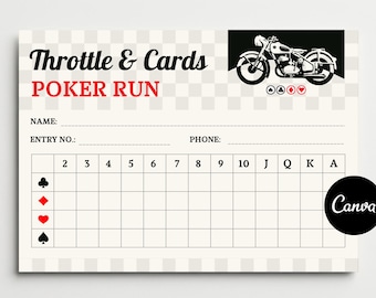 Afdrukbare scorekaart en reglement voor pokerruns | Tracker rallykaarten motor | Bewerkbare pdf-canvasjabloon | Biker Event-kit voor pokerkaarten