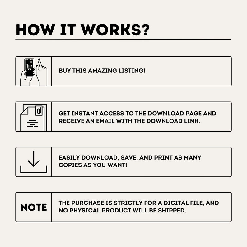 May include: A black and white illustration showing how to buy, download, and print a digital file. The text reads "HOW IT WORKS?"  "BUY THIS AMAZING LISTING!" "GET INSTANT ACCESS TO THE DOWNLOAD PAGE AND RECEIVE AN EMAIL WITH THE DOWNLOAD LINK." "EASILY DOWNLOAD, SAVE, AND PRINT AS MANY COPIES AS YOU WANT!" "NOTE THE PURCHASE IS STRICTLY FOR A DIGITAL FILE, AND NO PHYSICAL PRODUCT WILL BE SHIPPED."