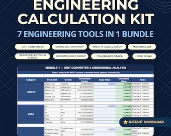 エンジニアリング計算バンドル Excel & Google スプレッドシート | 単位変換 ビームたわみ慣性計算機 パイプ流量 ボルトグループ公差
