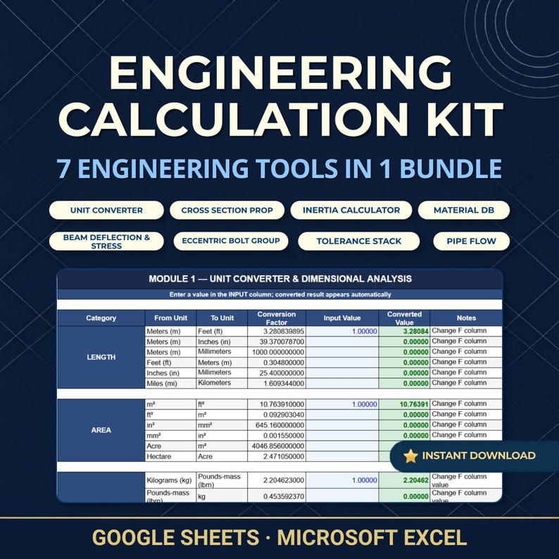 Puede incluir: Un kit de c&aacute;lculo de ingenier&iacute;a con siete herramientas, incluyendo un conversor de unidades, calculadora de inercia y base de datos de materiales. La imagen muestra un m&oacute;dulo de hoja de c&aacute;lculo para conversi&oacute;n de unidades y an&aacute;lisis dimensional.