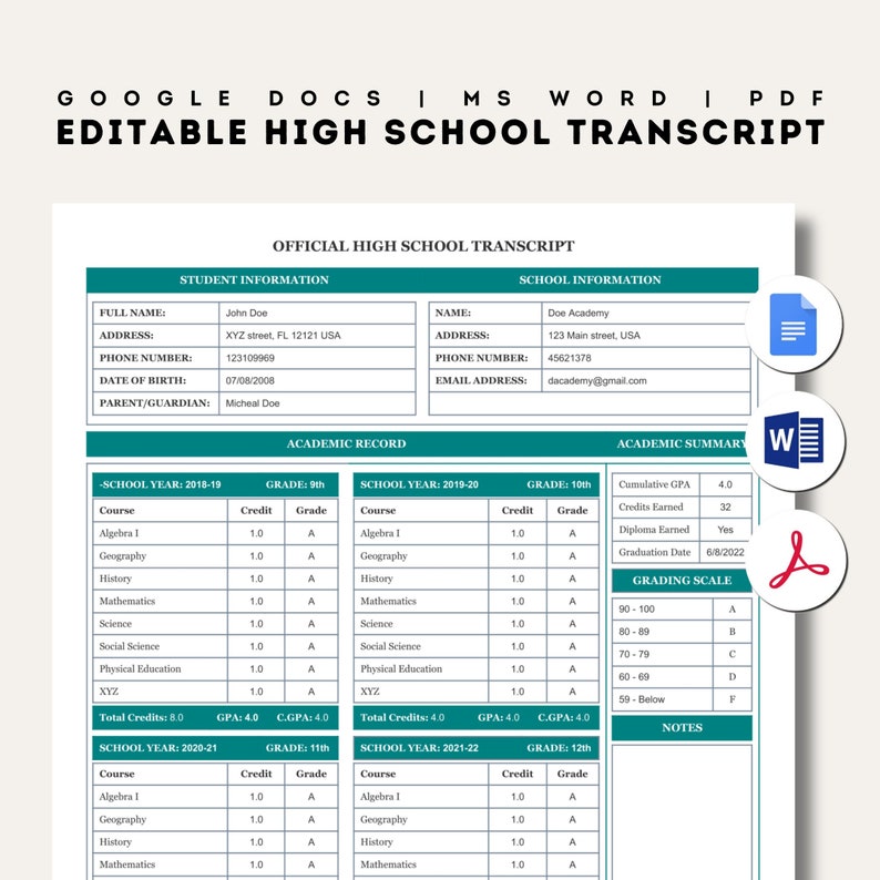 High School Transcript Templates Editable in Google Docs, Word & PDF High School Transcript Templates Editable in Google Docs, Word & PDF