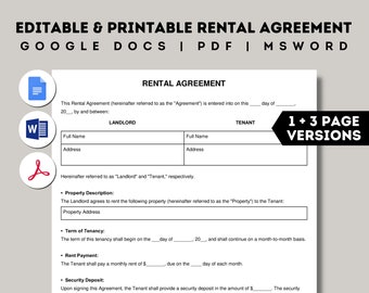 Basic Rental Agreement Template, Printable Landlord Forms, Editable Lease Contract, Google Docs, Word, PDF, Simple Rental Agreement Fillable