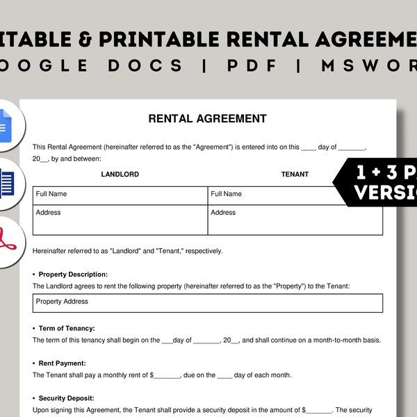 Plantilla de contrato de alquiler básico, formularios de propietario imprimibles, contrato de arrendamiento editable, Google Docs, Word, PDF, contrato de alquiler simple rellenable