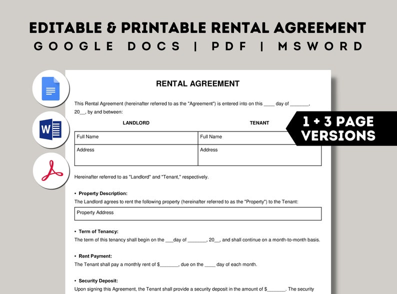 Basic Rental Agreement Template, Printable Landlord Forms, Editable Lease Contract, Google Docs, Word, PDF, Simple Rental Agreement Fillable image 1