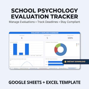 Feuille de calcul de suivi des évaluations des psychologues scolaires | Calendrier des plans d'intervention individualisés (PII) et journal d'audit de conformité RIOT ICEL | Excel Google Sheets