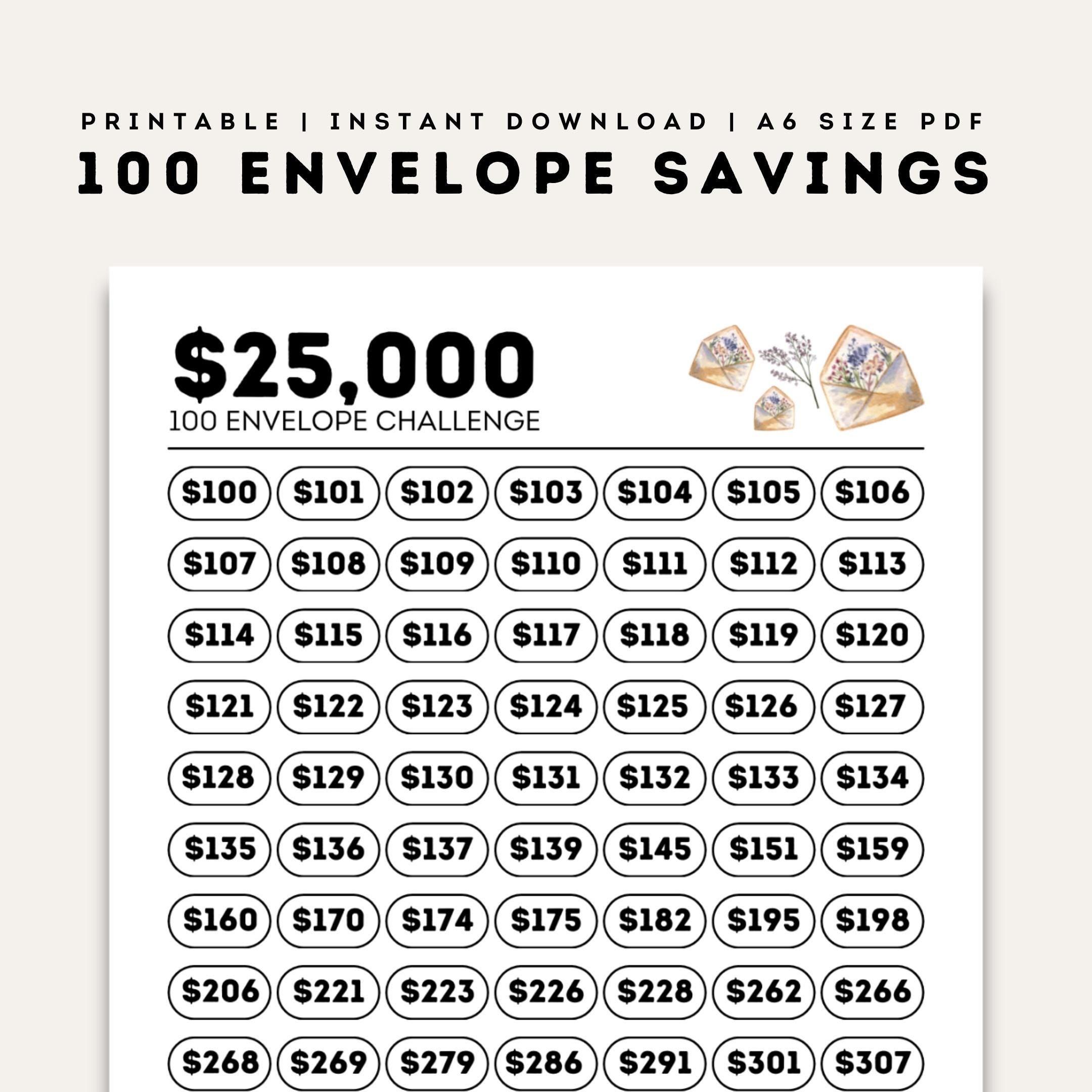 100 Envelope 25K Savings Challenge, Printable A6 25000 100 Envelope 25K Savings Challenge, Printable A6 25000
