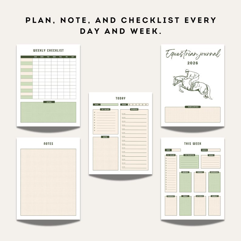 Preview of daily and weekly equestrian planning pages including weekly checklist, today planner, notes page, and weekly overview with green and beige minimalist layout.
