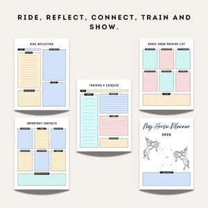 Collection of equestrian planner pages featuring ride reflection sheets, training and exercise logs, horse show packing list, important contacts page, and alternate cover design.